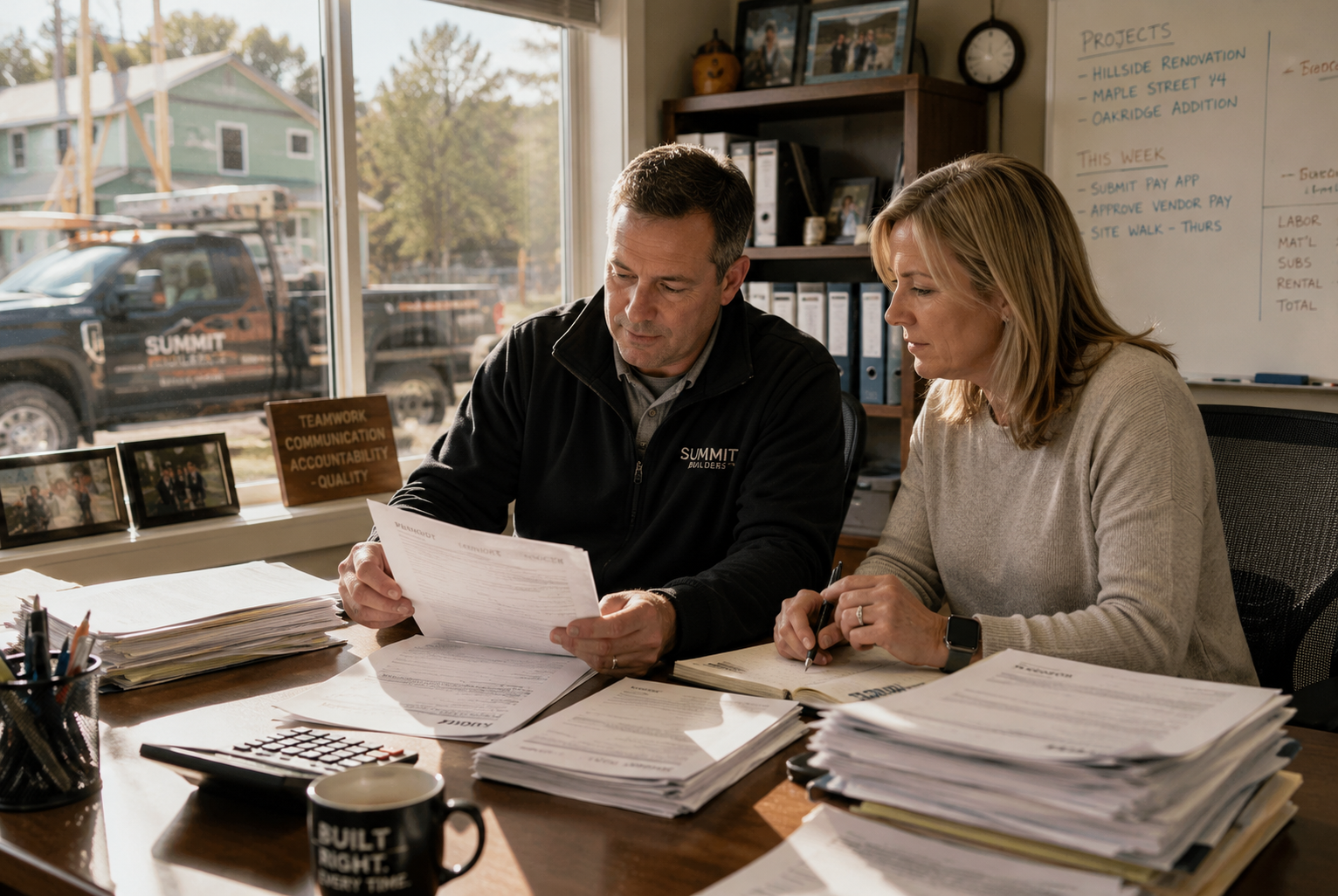 A New England construction-company owner and office manager at their desk reviewing invoices, vendor payments, and approvals, with the company truck and job site visible through the window