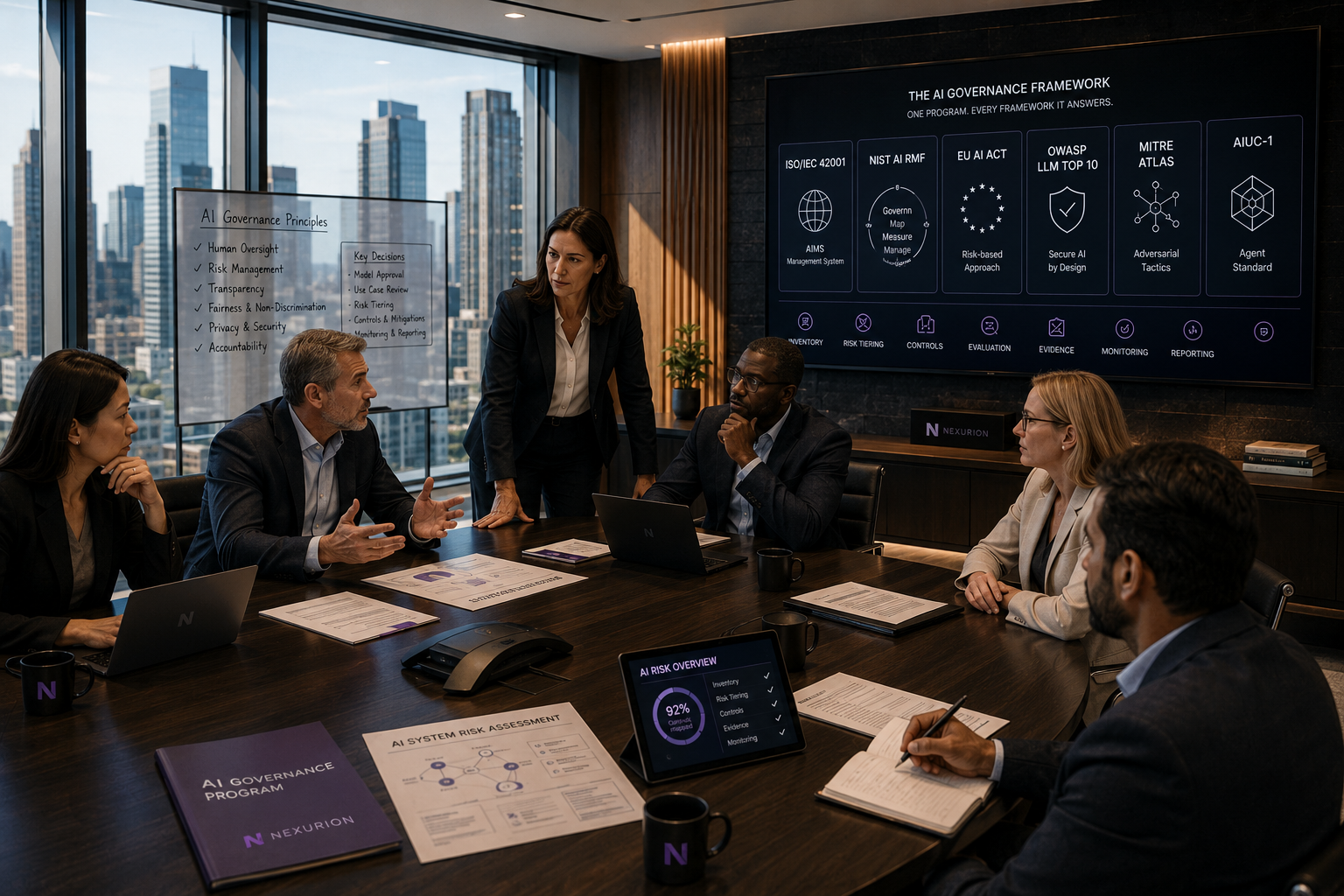The Nexurion AI governance core: a central Nexurion processor surrounded by the six frameworks Nexurion reconciles, ISO/IEC 42001, NIST AI RMF, EU AI Act, OWASP LLM Top 10, MITRE ATLAS, and AIUC-1, over a dark architectural lattice.