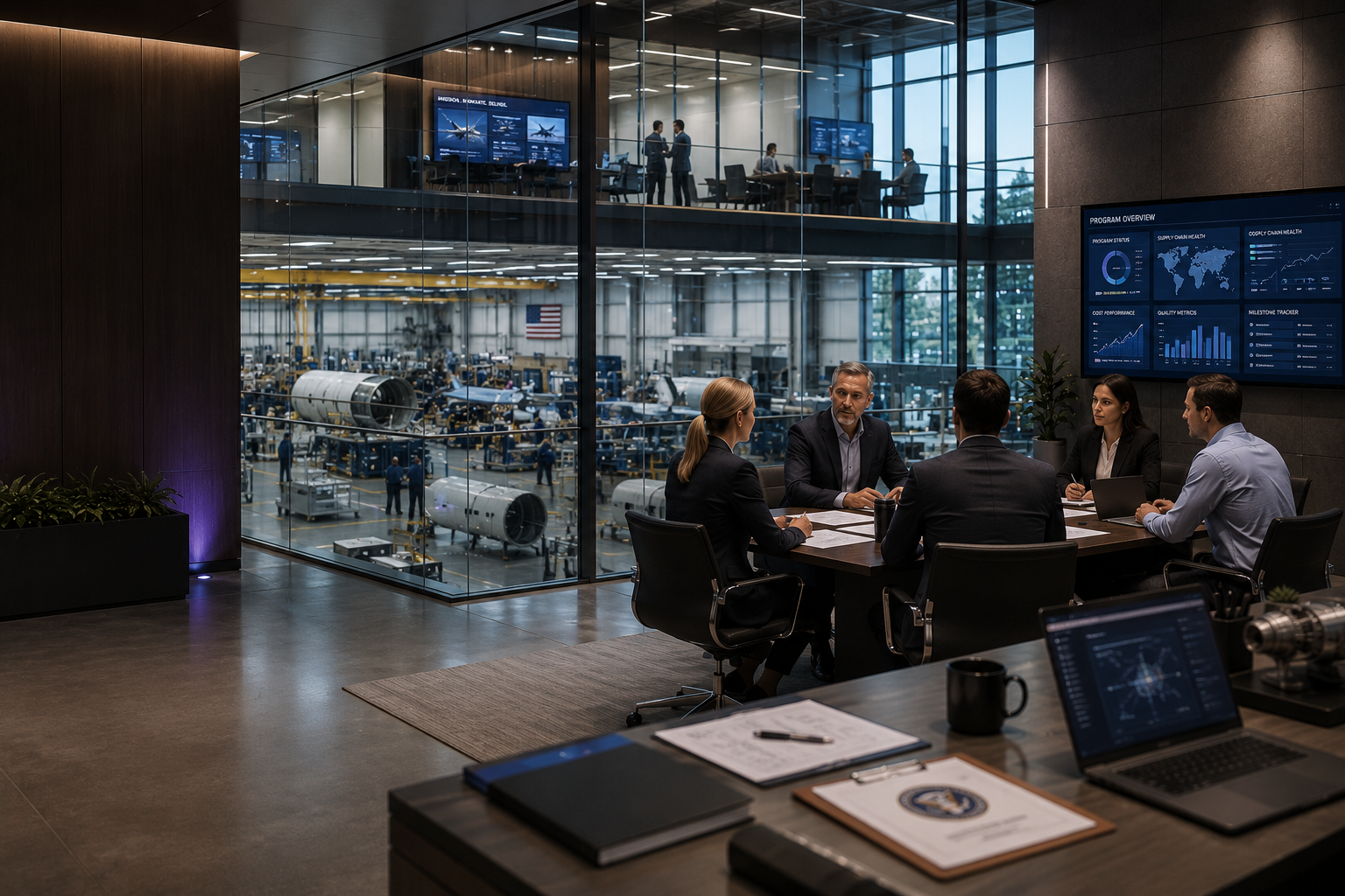 Defense program executives reviewing CMMC program status beside a live program-overview dashboard, overlooking an aircraft-assembly floor