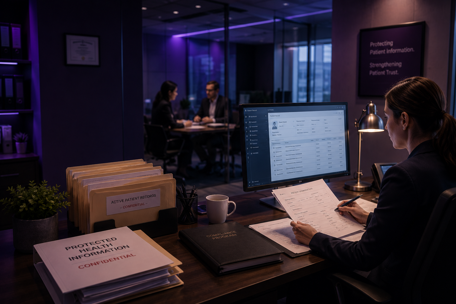 A HIPAA compliance officer reviewing patient records beside Protected Health Information files in a healthcare security operations office